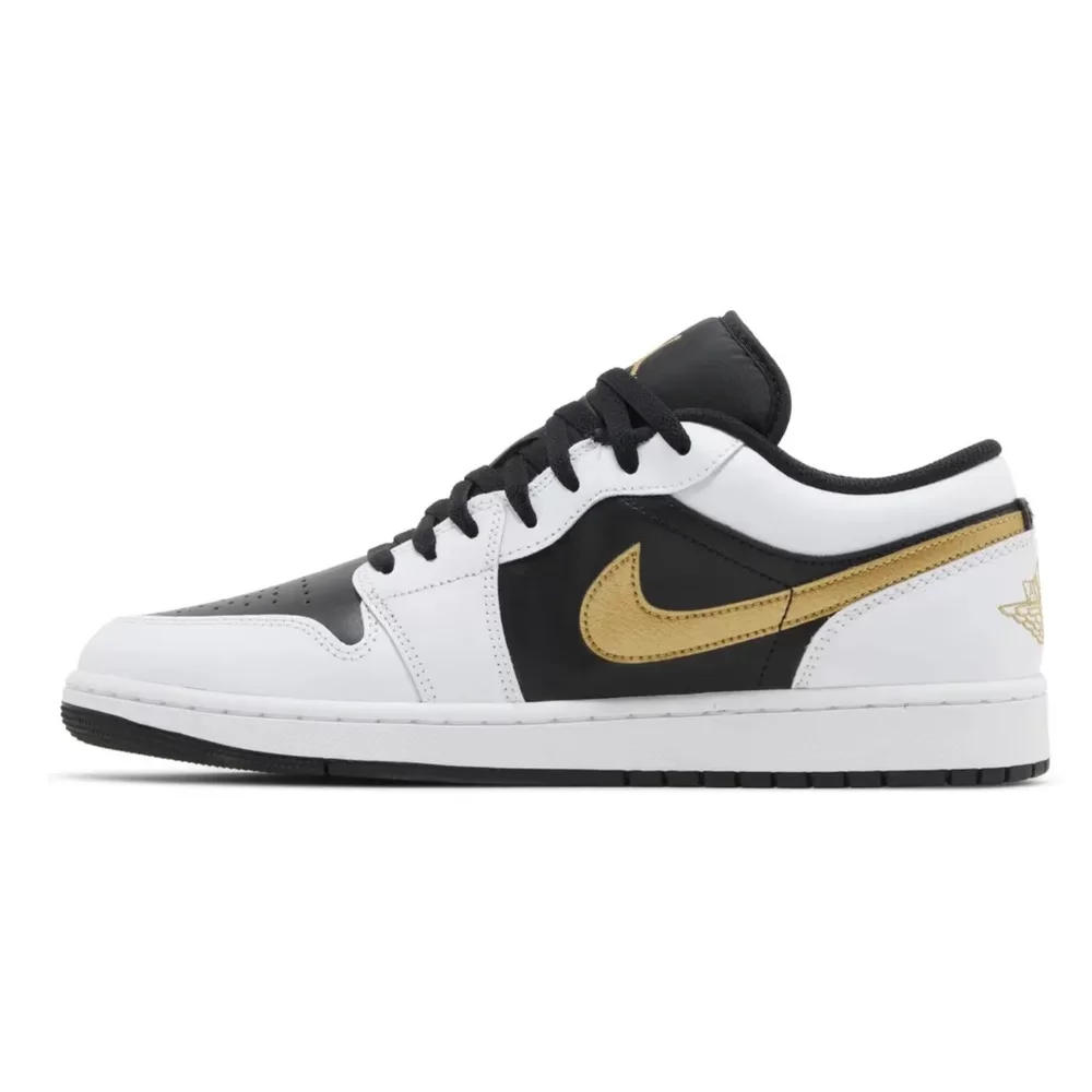 Jordan-1-Low-White-Black-Metallic-Gold-Swoosh-2.webp Jordan 1 Low White Black Metallic Gold Swoosh - Image 1